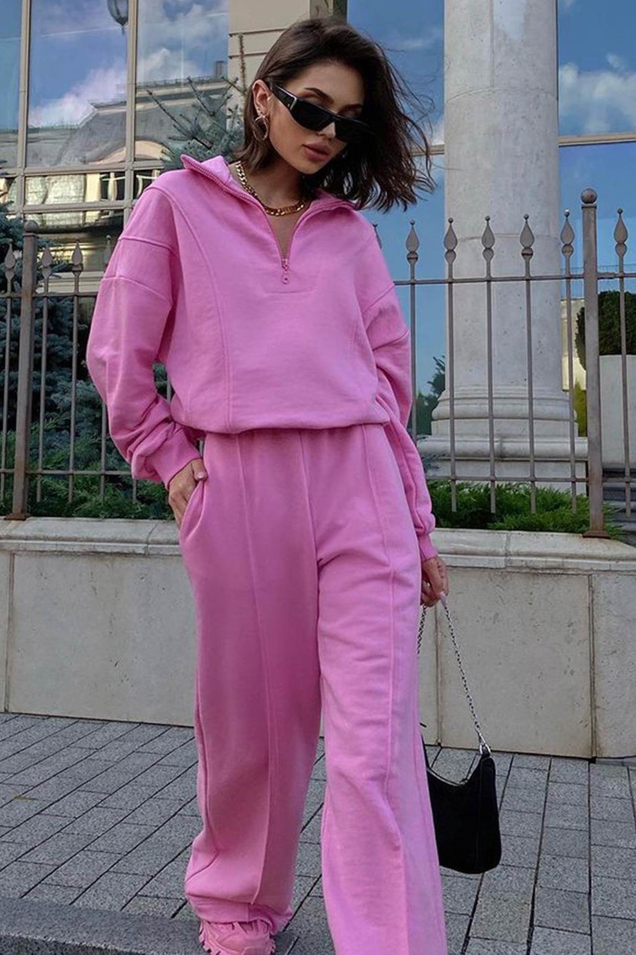 Solid Color Zipper-Front Sweatershirt Two-Piece Set
