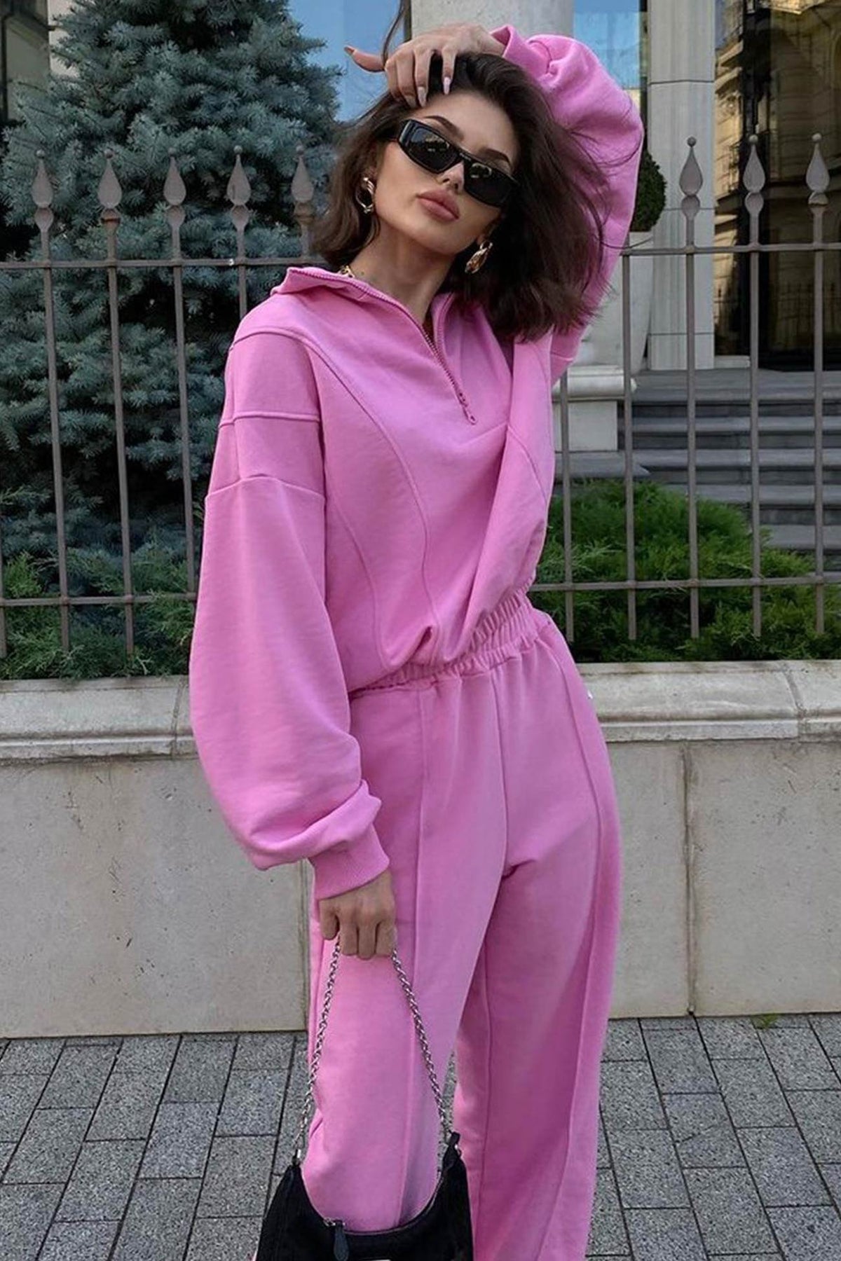 Solid Color Zipper-Front Sweatershirt Two-Piece Set