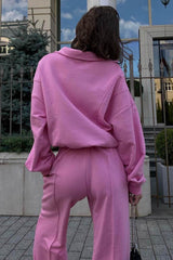 Solid Color Zipper-Front Sweatershirt Two-Piece Set