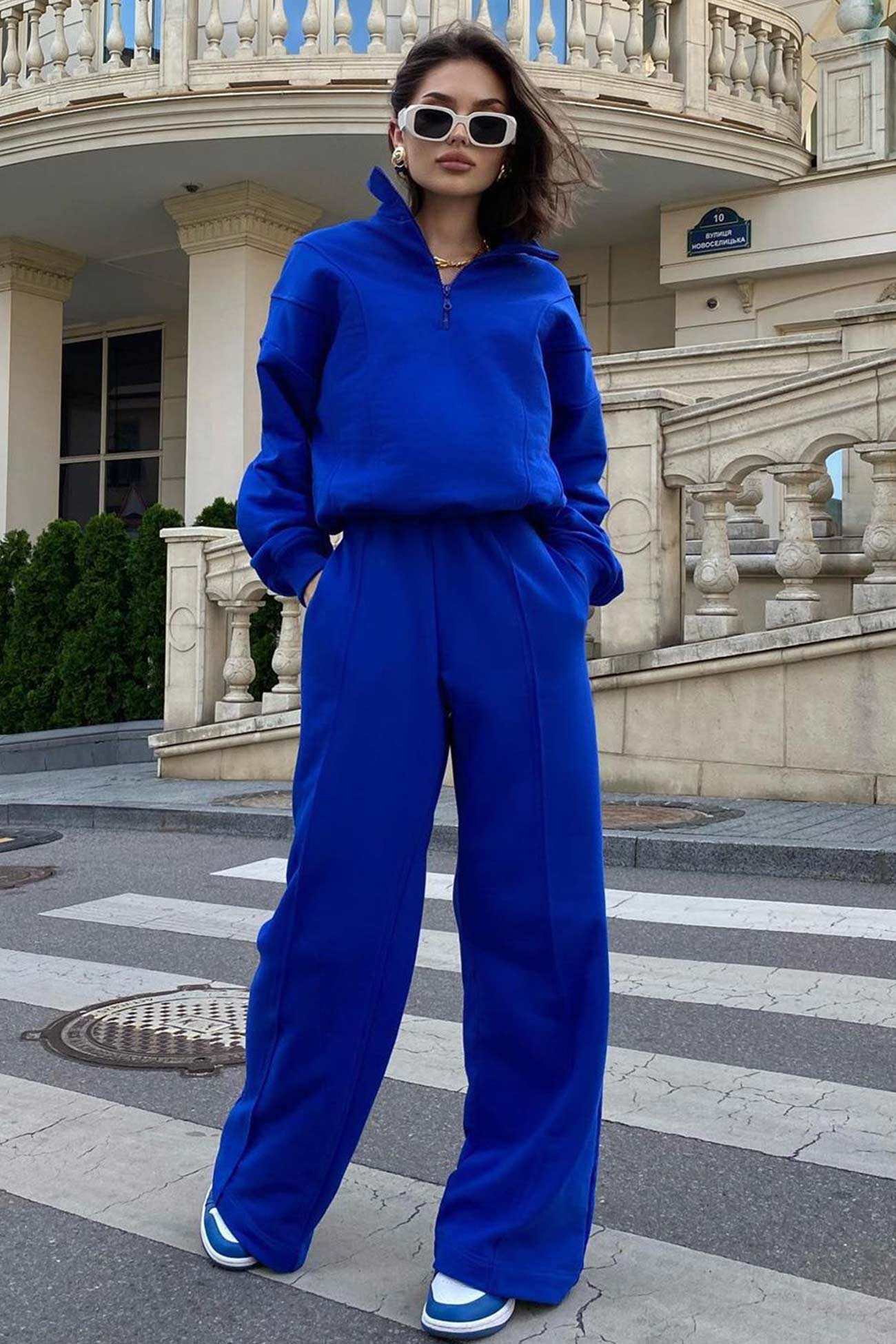 Solid Color Zipper-Front Sweatershirt Two-Piece Set