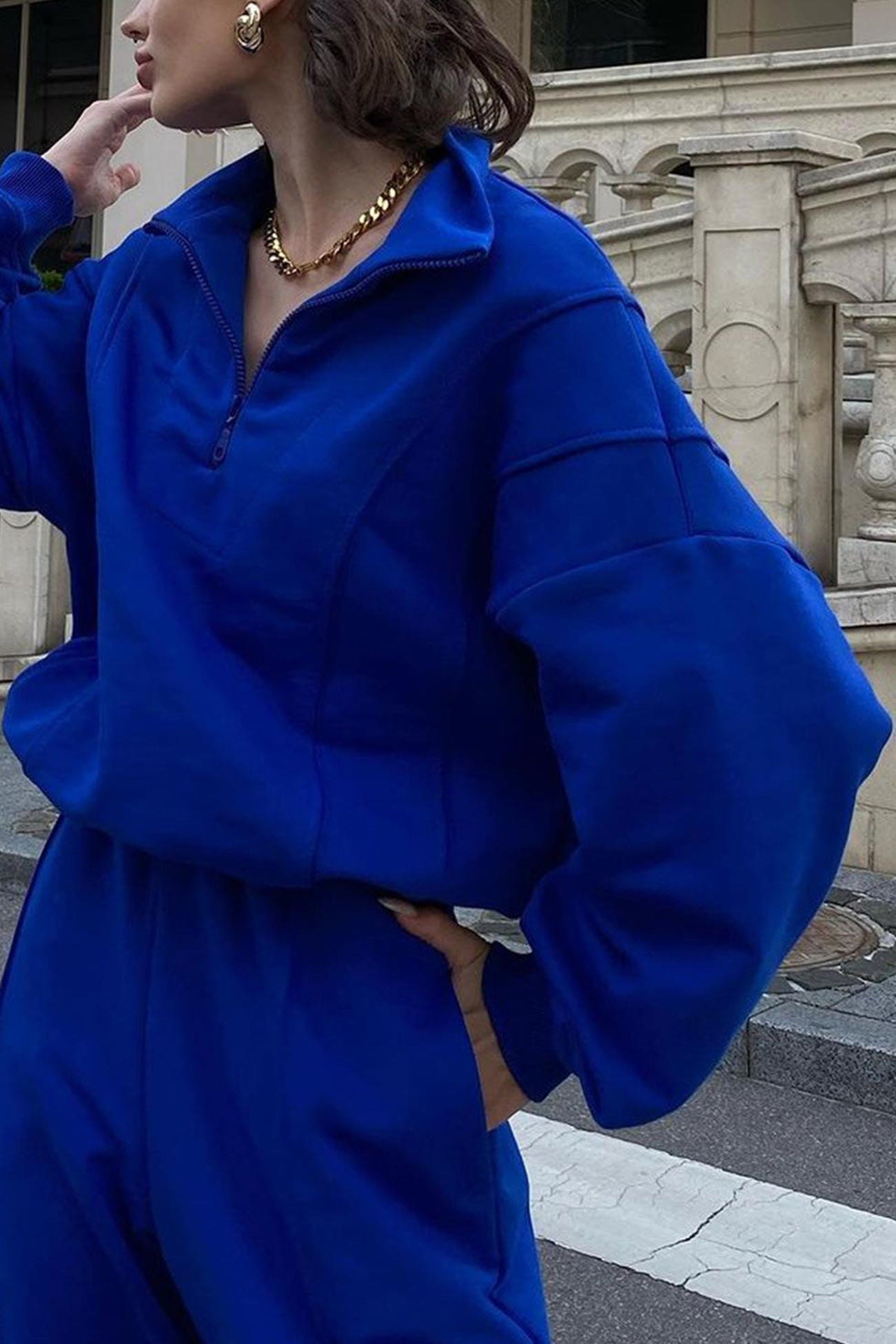 Solid Color Zipper-Front Sweatershirt Two-Piece Set