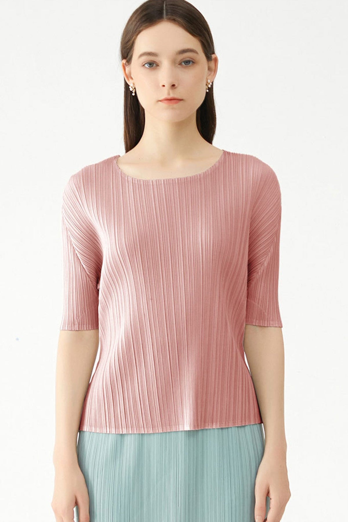Solid Color Full Pleated Short Sleeve Top