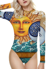 Long Sleeve Sun Print One Piece Swimsuit