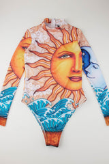 Long Sleeve Sun Print One Piece Swimsuit