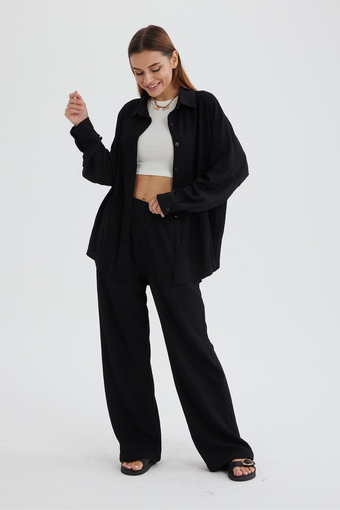 Two Piece Solid Color Long Sleeve Shirt Long Pants Set