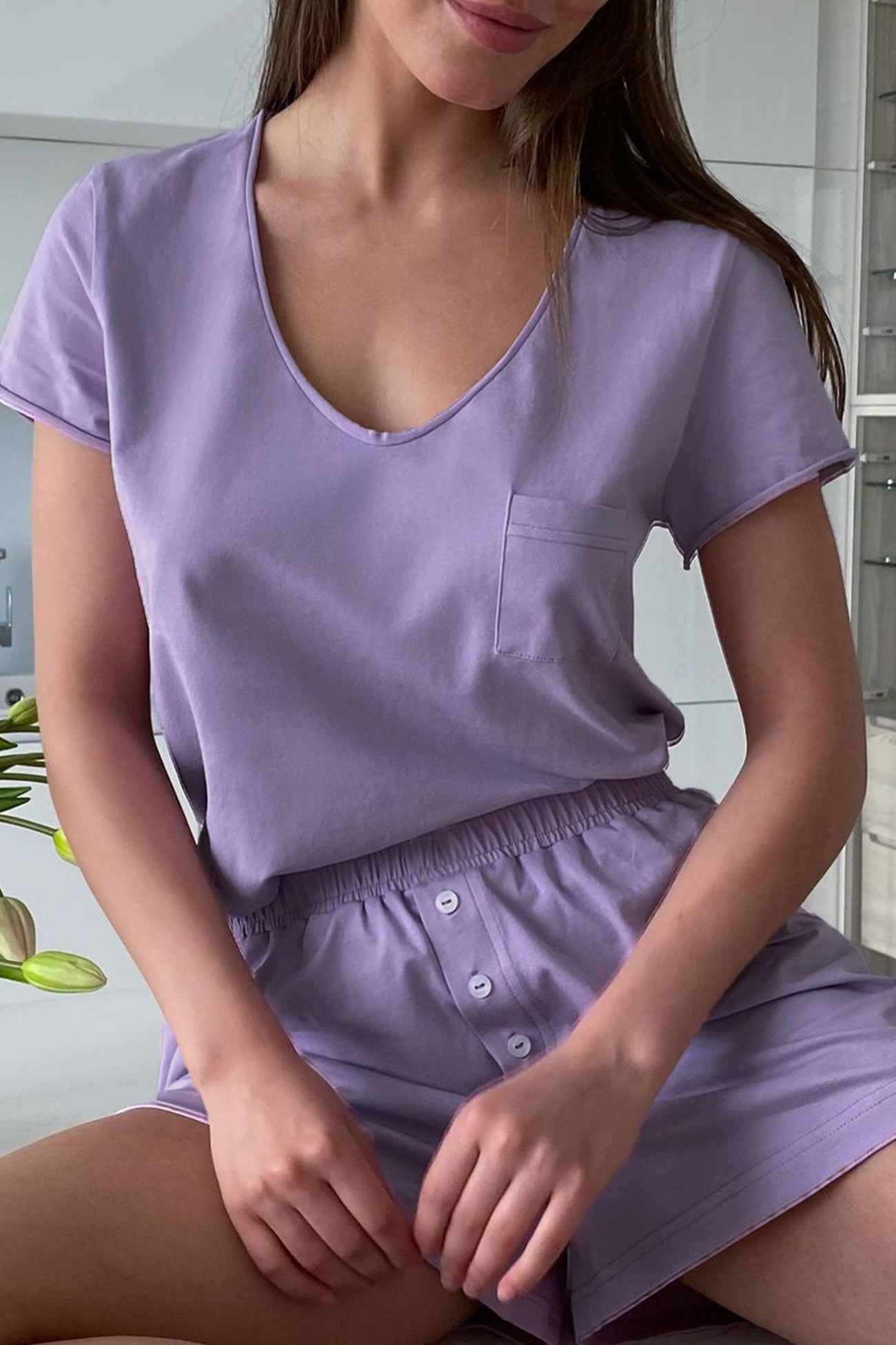 Two Piece Solid Color T-shirt Single-breasted Shorts Set