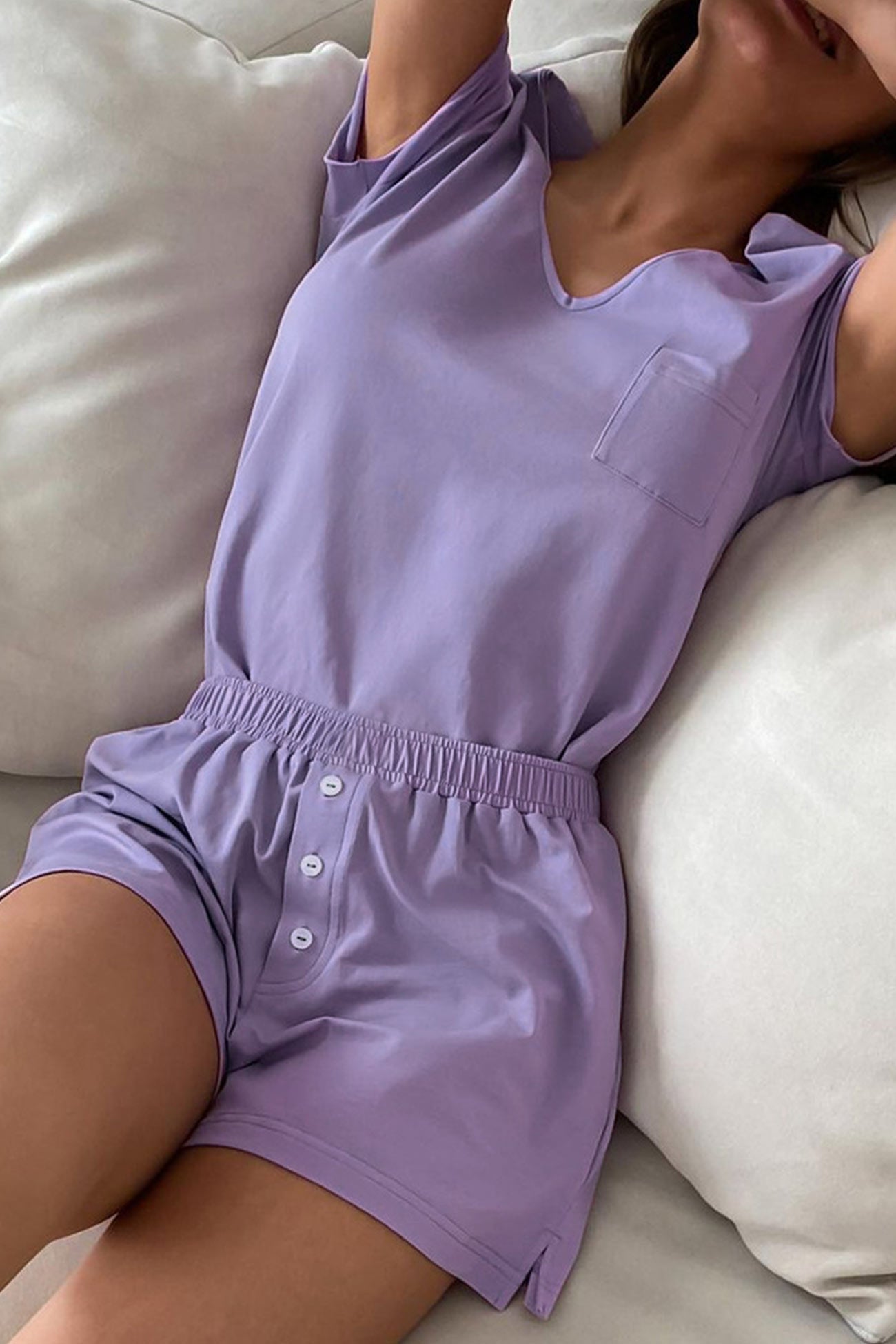 Two Piece Solid Color T-shirt Single-breasted Shorts Set