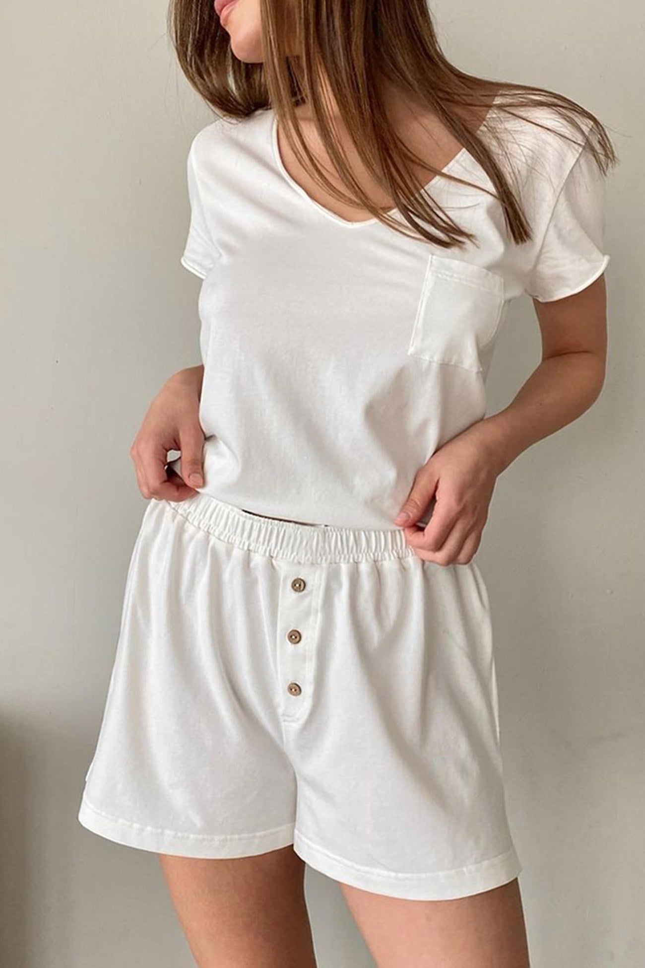 Two Piece Solid Color T-shirt Single-breasted Shorts Set