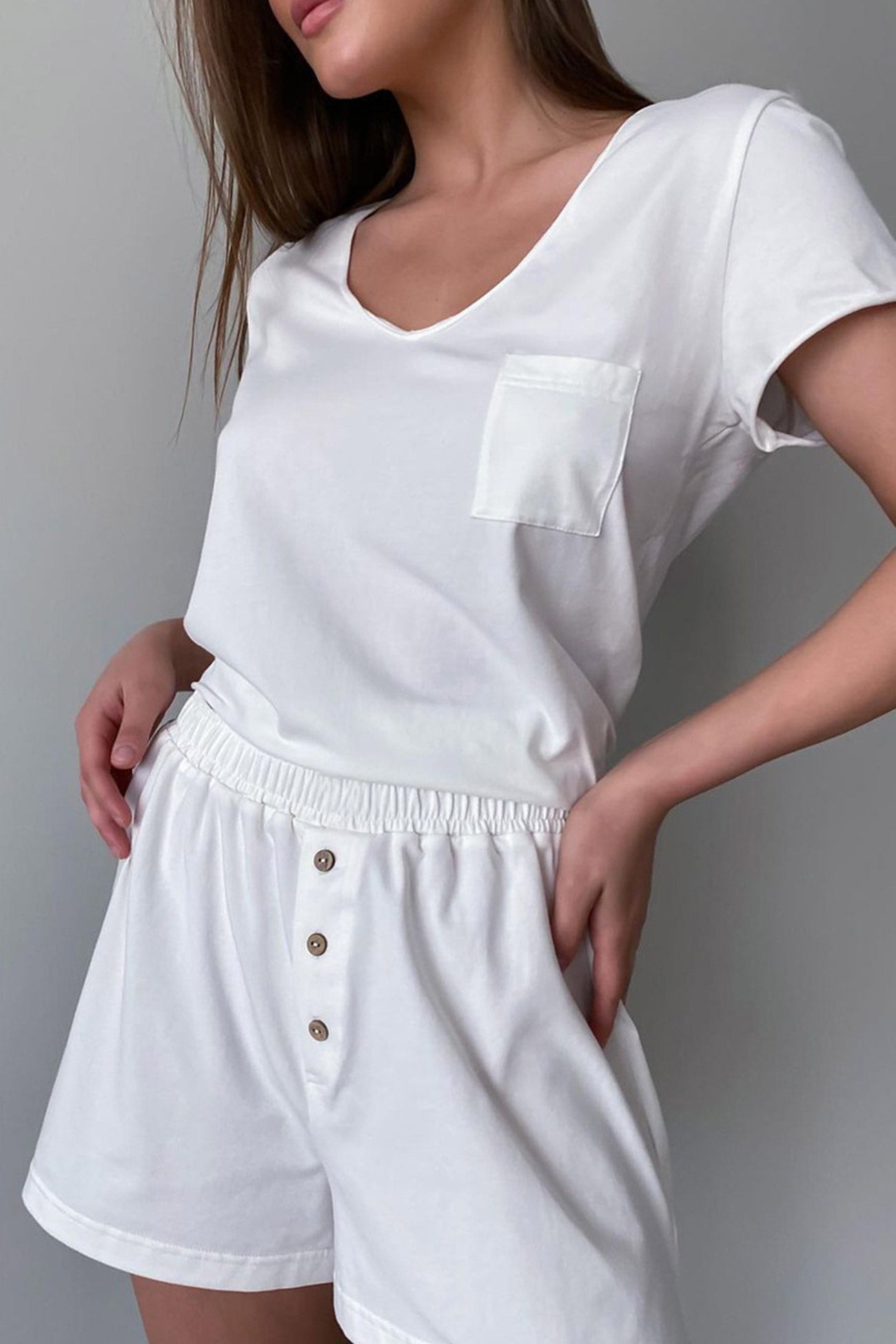 Two Piece Solid Color T-shirt Single-breasted Shorts Set