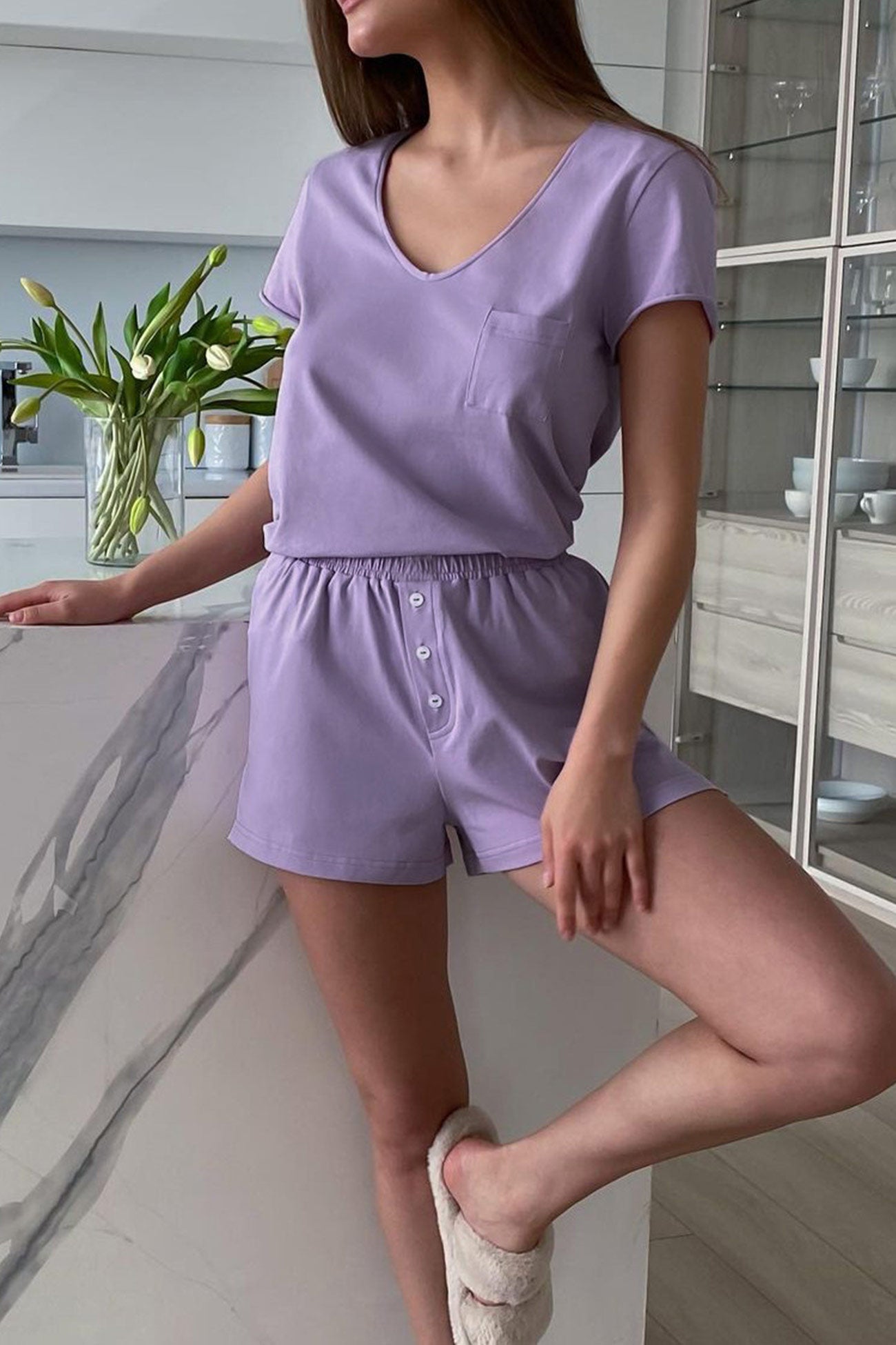 Two Piece Solid Color T-shirt Single-breasted Shorts Set