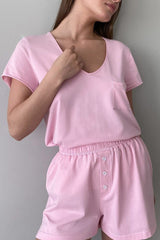 Two Piece Solid Color T-shirt Single-breasted Shorts Set