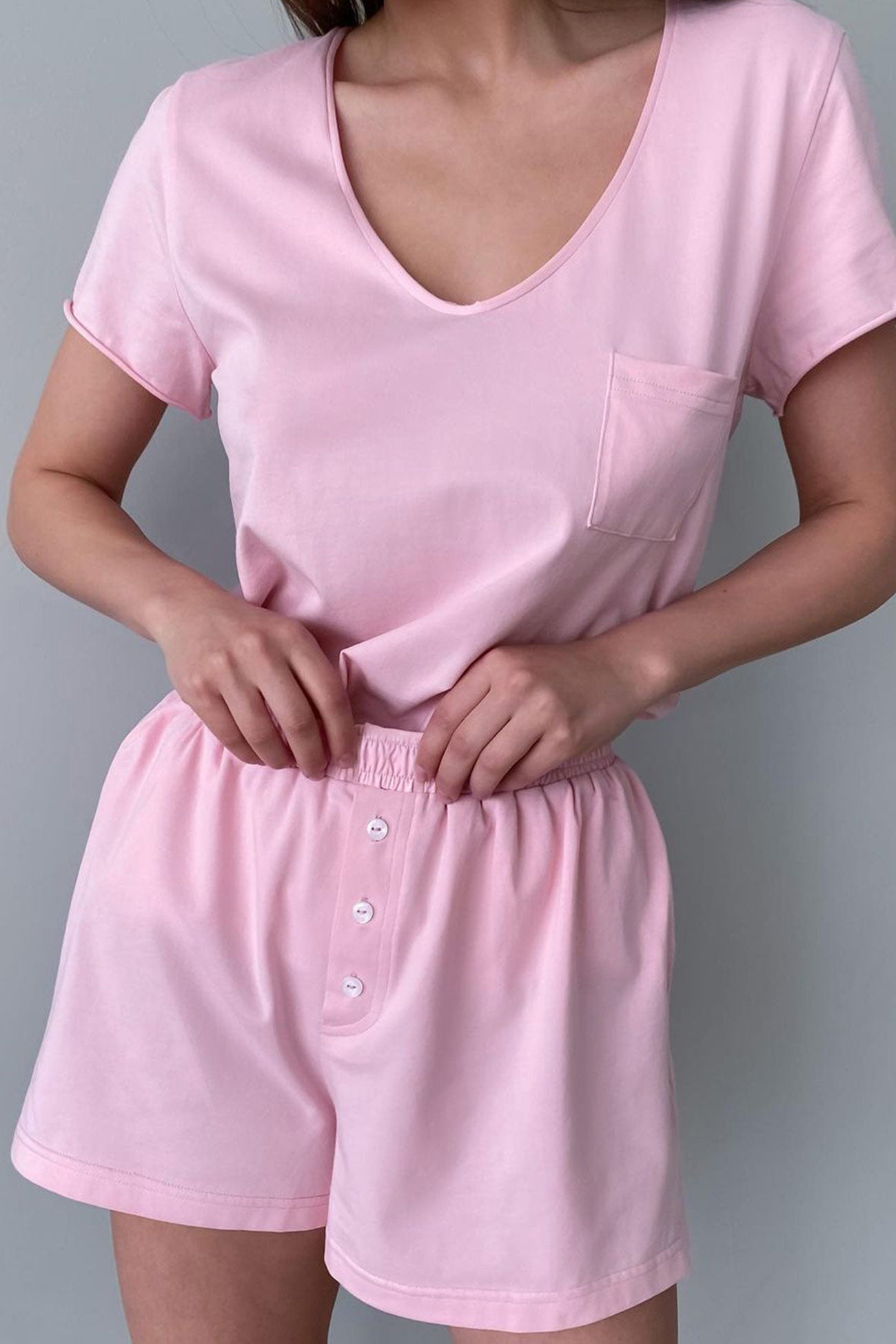 Two Piece Solid Color T-shirt Single-breasted Shorts Set