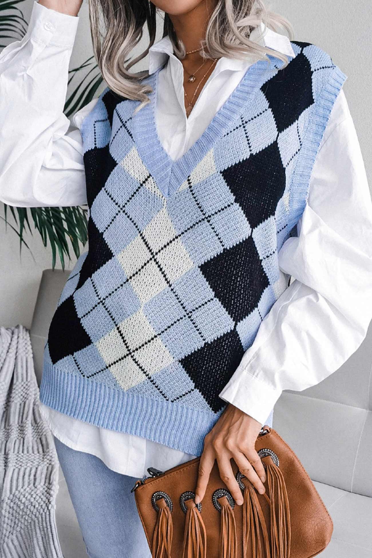 V Neck Checked Knit Tank Sweater