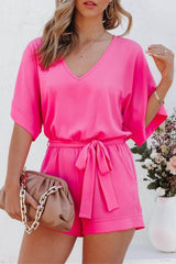 V Neck Short Sleeve Tie-waisted Rompers