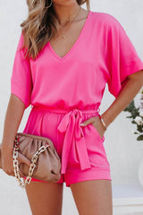 V Neck Short Sleeve Tie-waisted Rompers