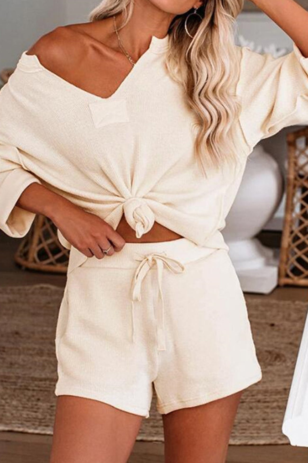 V Neck Solid Color Long Sleeve Tops Shorts Set