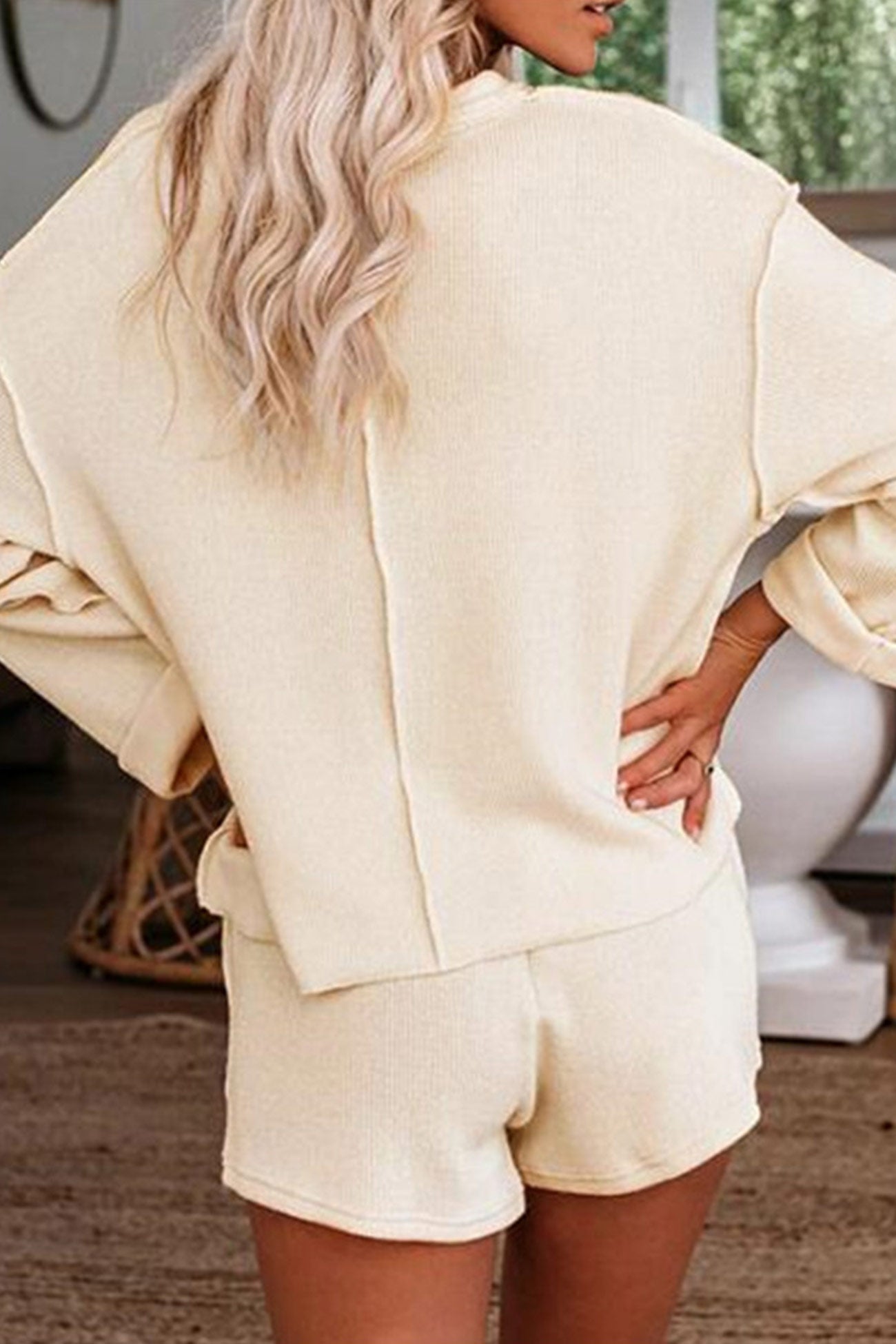 V Neck Solid Color Long Sleeve Tops Shorts Set
