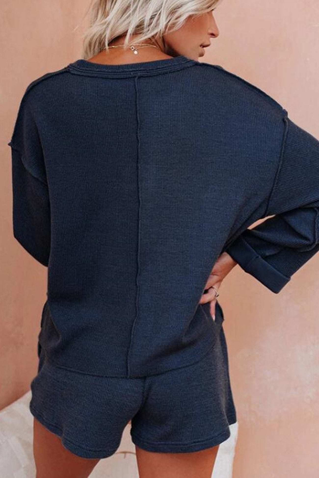 V Neck Solid Color Long Sleeve Tops Shorts Set