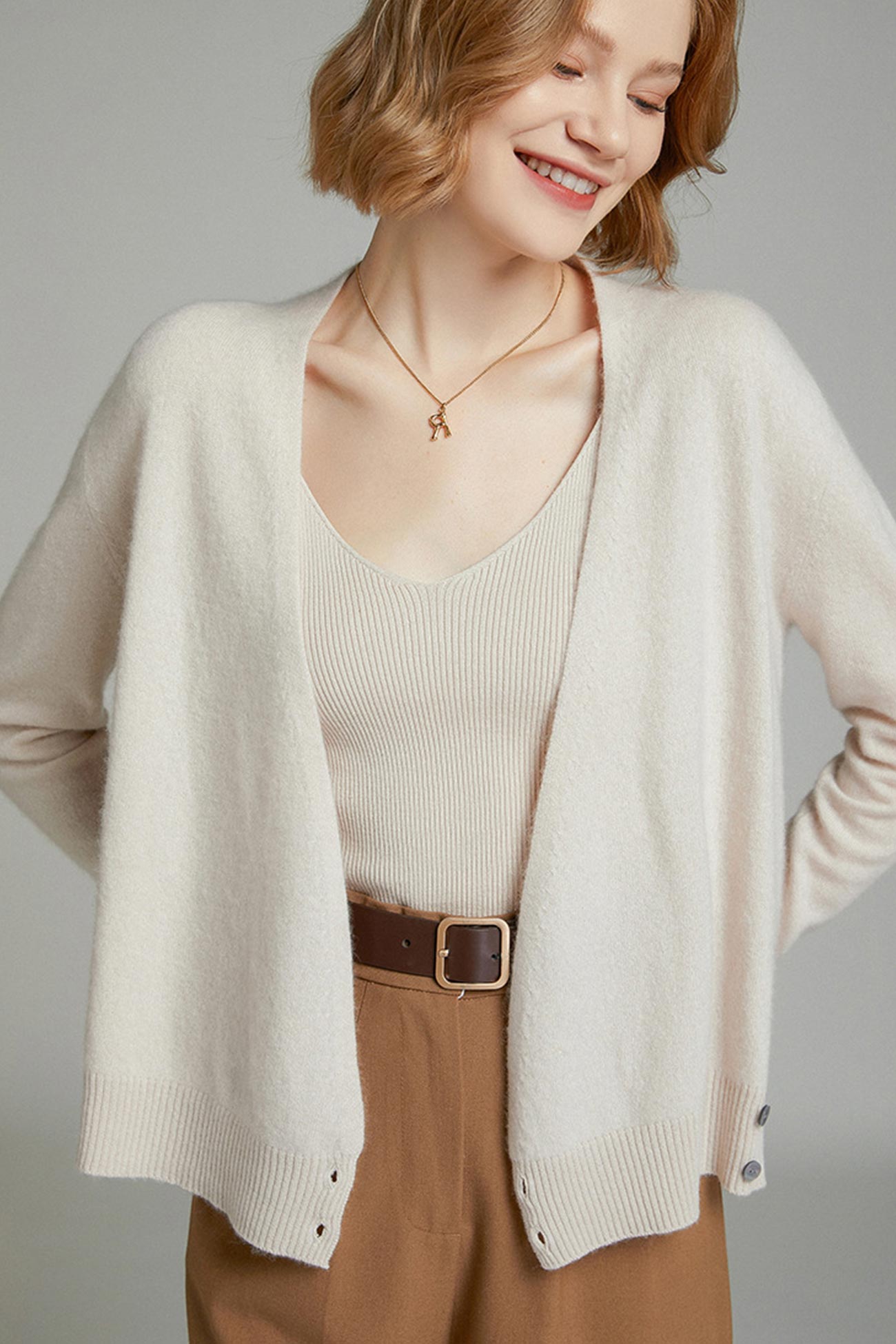 V Neck Solid Color Wool Cardigan