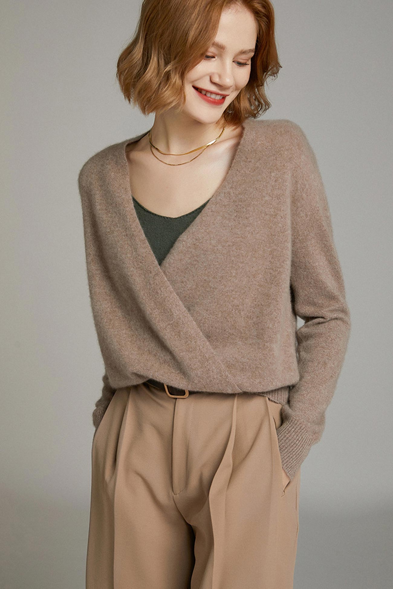 V Neck Solid Color Wool Cardigan