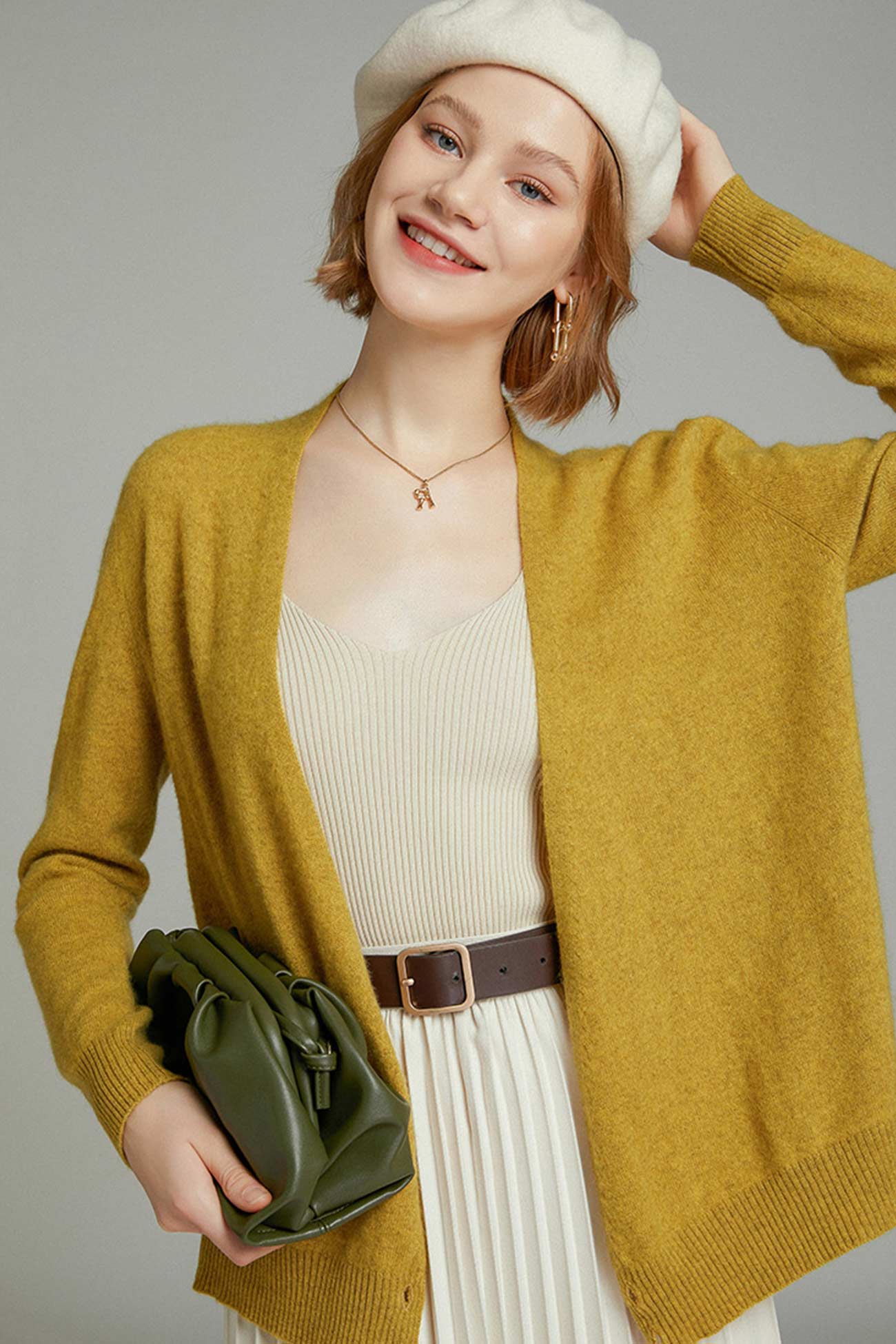 V Neck Solid Color Wool Cardigan