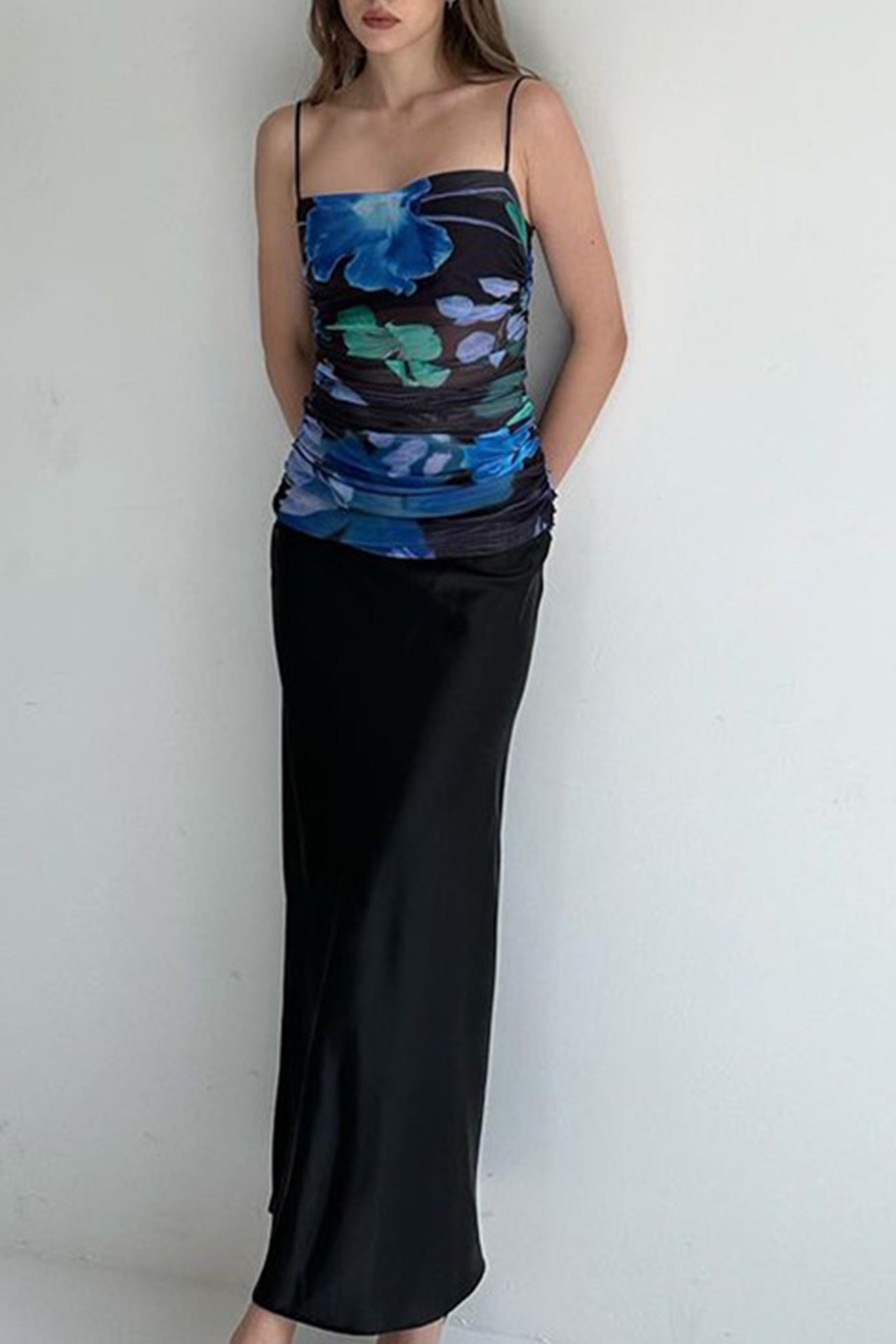 Vintage Floral Print Patchwork Ruched Cami Dress
