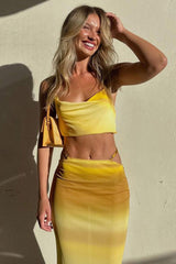 Yellow Gradient Halter Crop Top Midi Skirts Set
