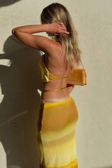 Yellow Gradient Halter Crop Top Midi Skirts Set