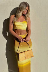 Yellow Gradient Halter Crop Top Midi Skirts Set