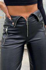 Zipper Front Solid Color Straight Leather Pants