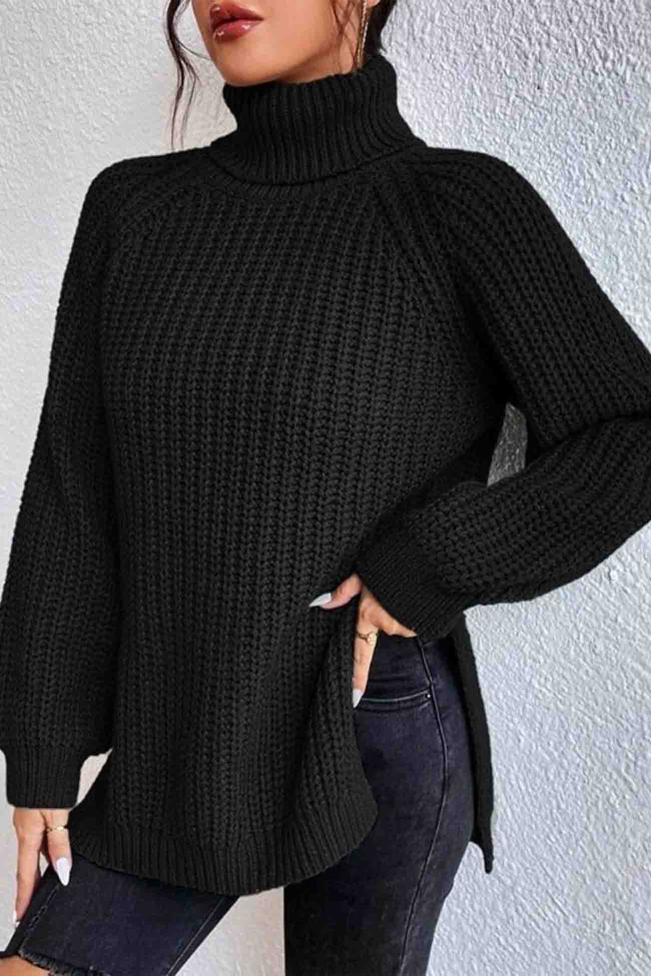 Raglan Sleeve Turtleneck Slit Mid-Length Sweater