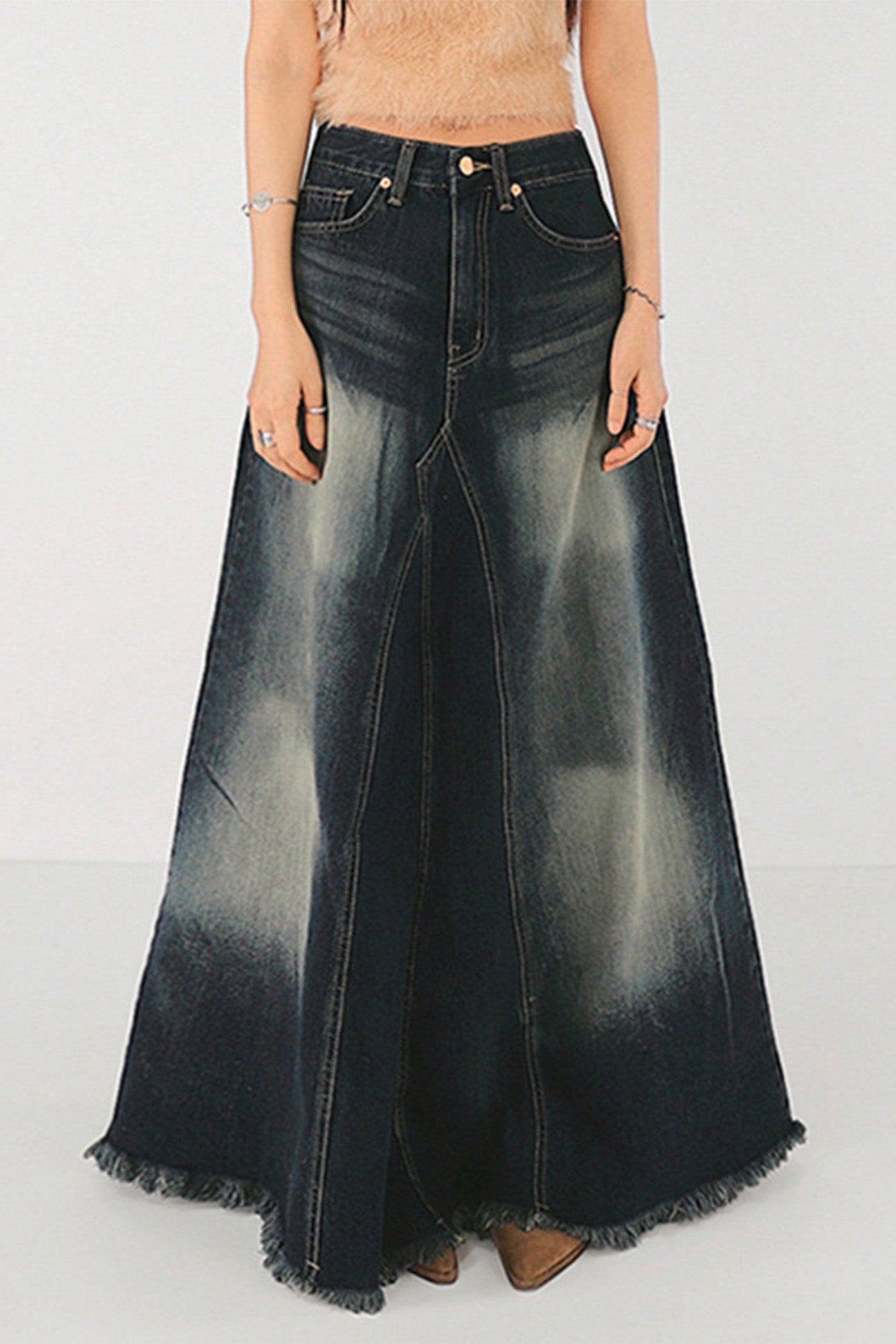 Wash Distressed High-Rise Raw Hem Fishtail Denim Maxi Skirt