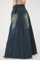 Wash Distressed High-Rise Raw Hem Fishtail Denim Maxi Skirt