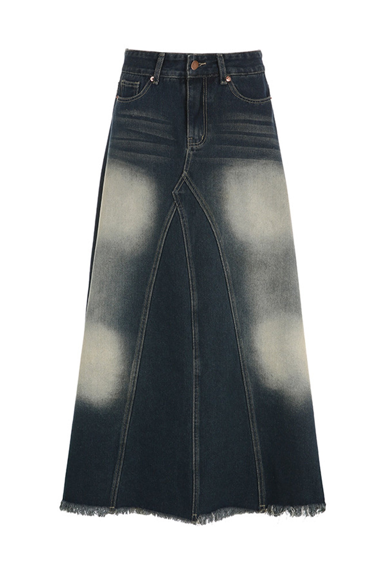 Wash Distressed High-Rise Raw Hem Fishtail Denim Maxi Skirt