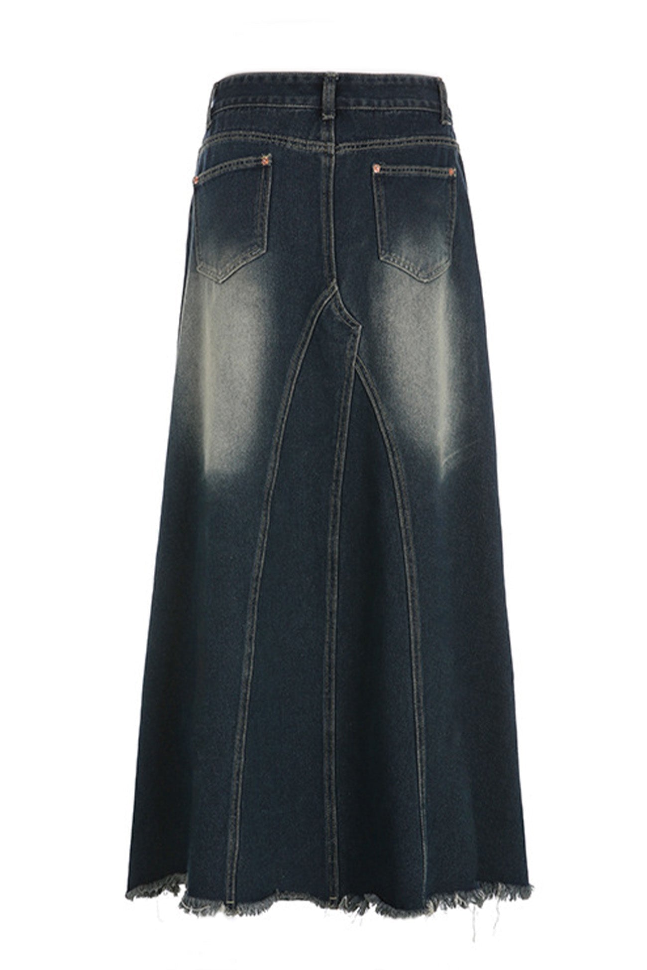 Wash Distressed High-Rise Raw Hem Fishtail Denim Maxi Skirt