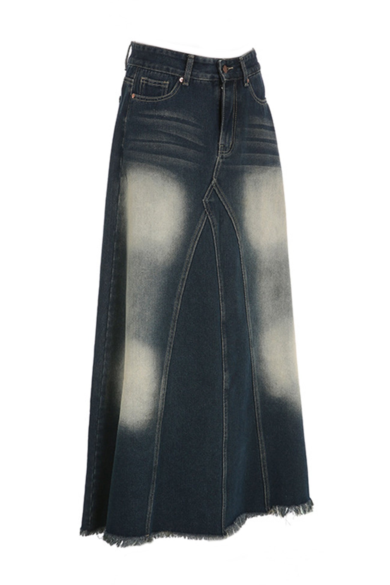 Wash Distressed High-Rise Raw Hem Fishtail Denim Maxi Skirt