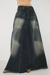 Wash Distressed High-Rise Raw Hem Fishtail Denim Maxi Skirt