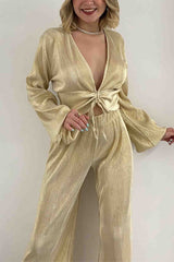 V Neck Shirring Puff Sleeve Wide Leg Pants Set