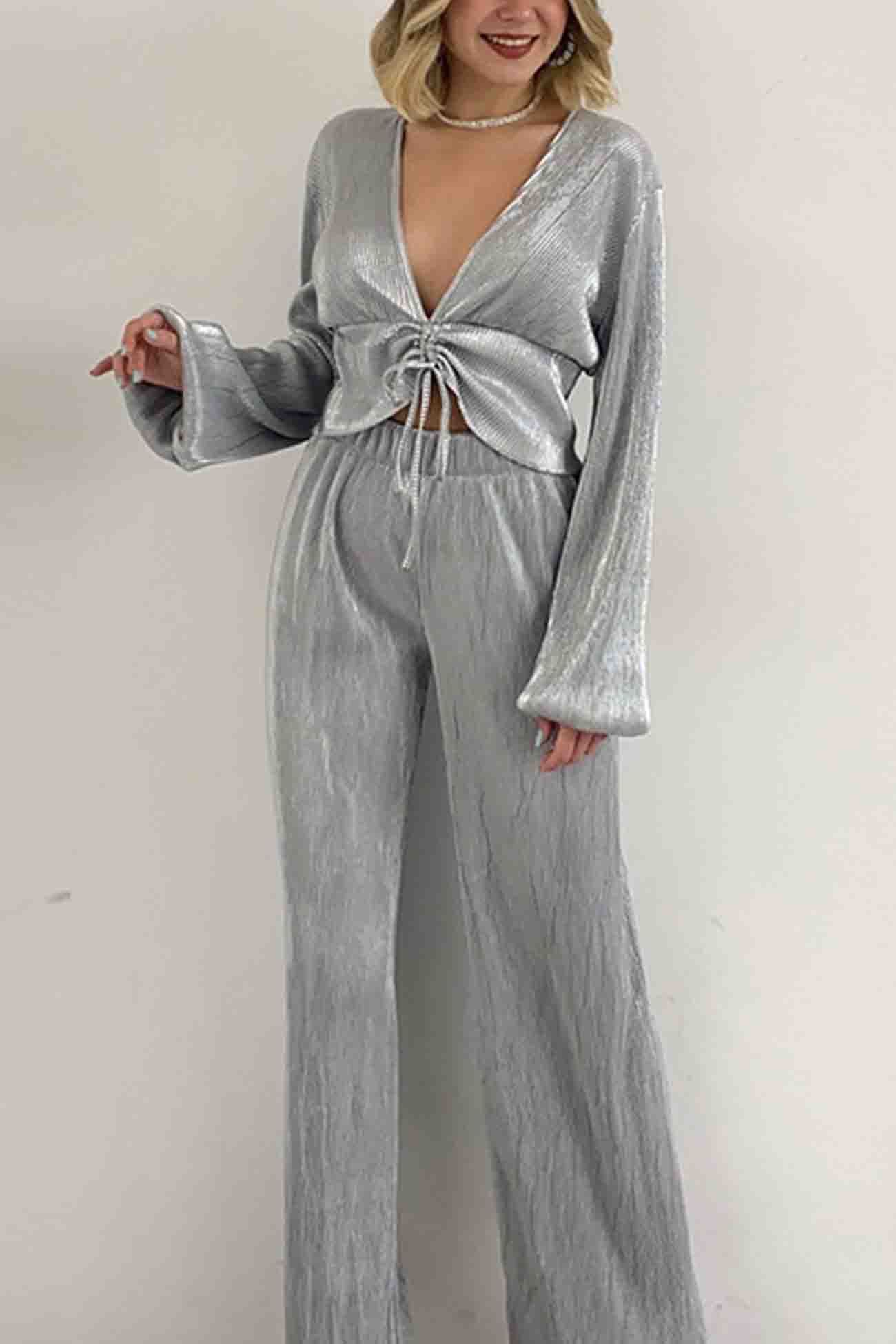 V Neck Shirring Puff Sleeve Wide Leg Pants Set