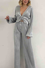 V Neck Shirring Puff Sleeve Wide Leg Pants Set
