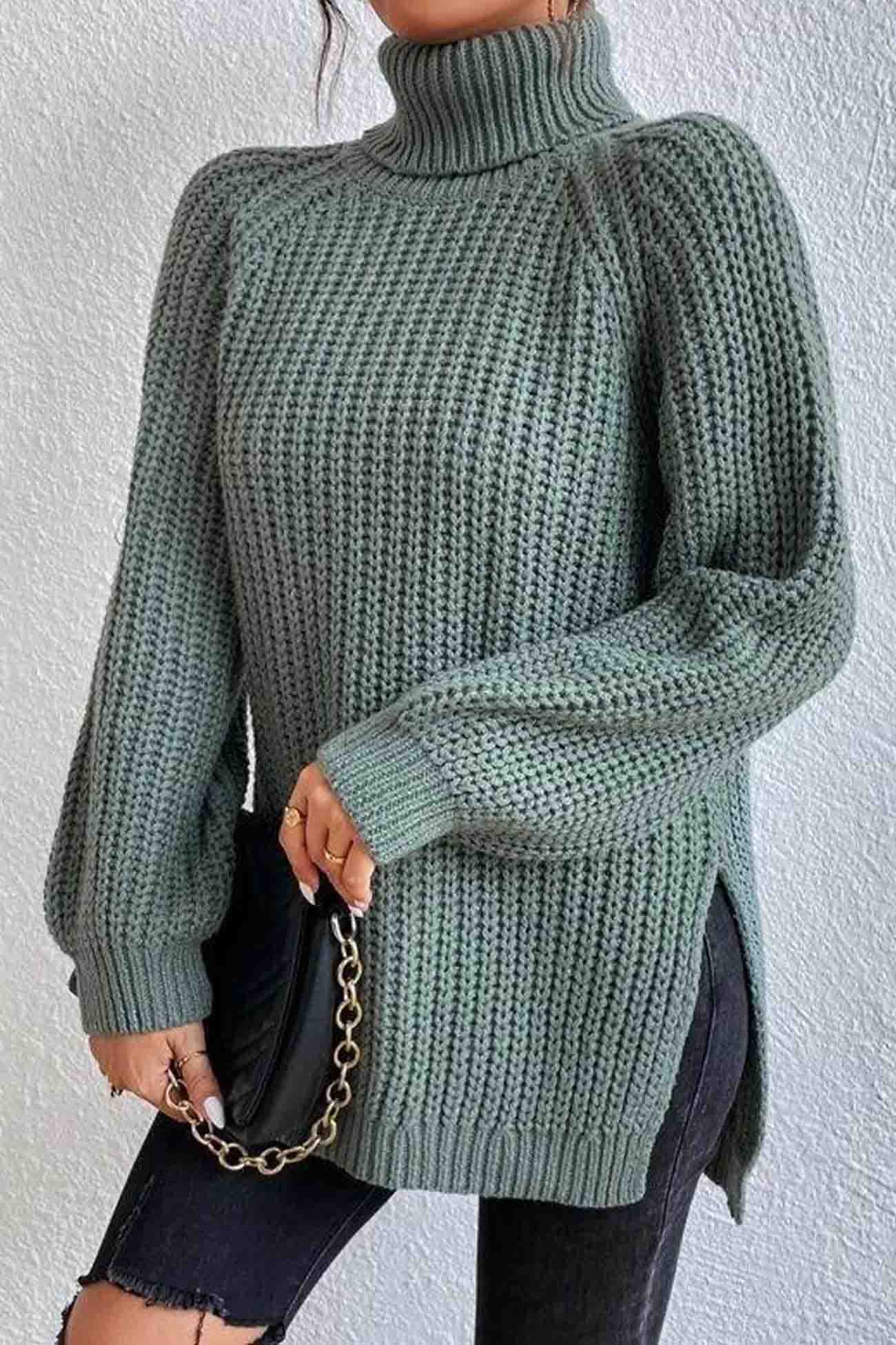 Raglan Sleeve Turtleneck Slit Mid-Length Sweater