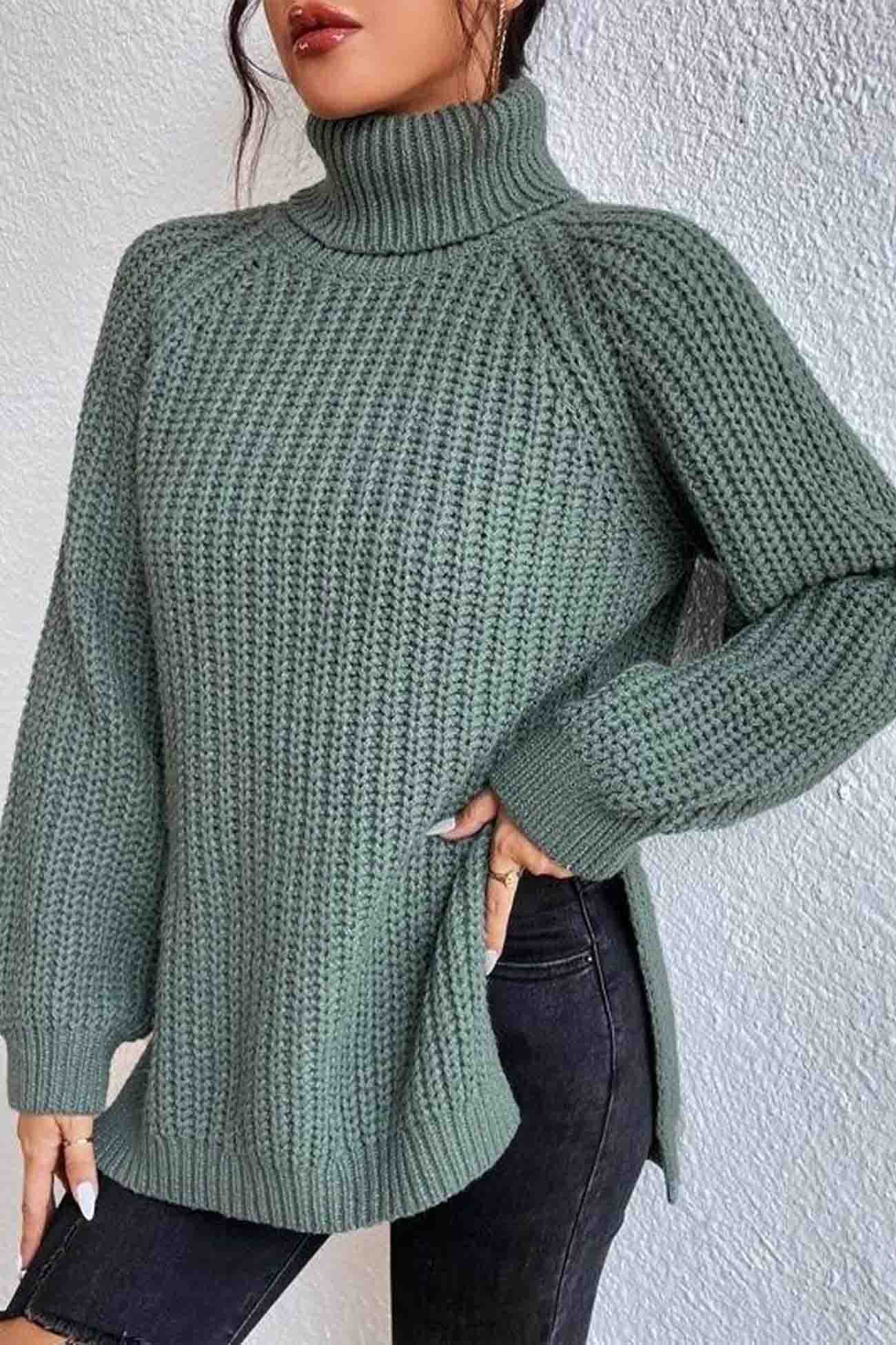 Raglan Sleeve Turtleneck Slit Mid-Length Sweater