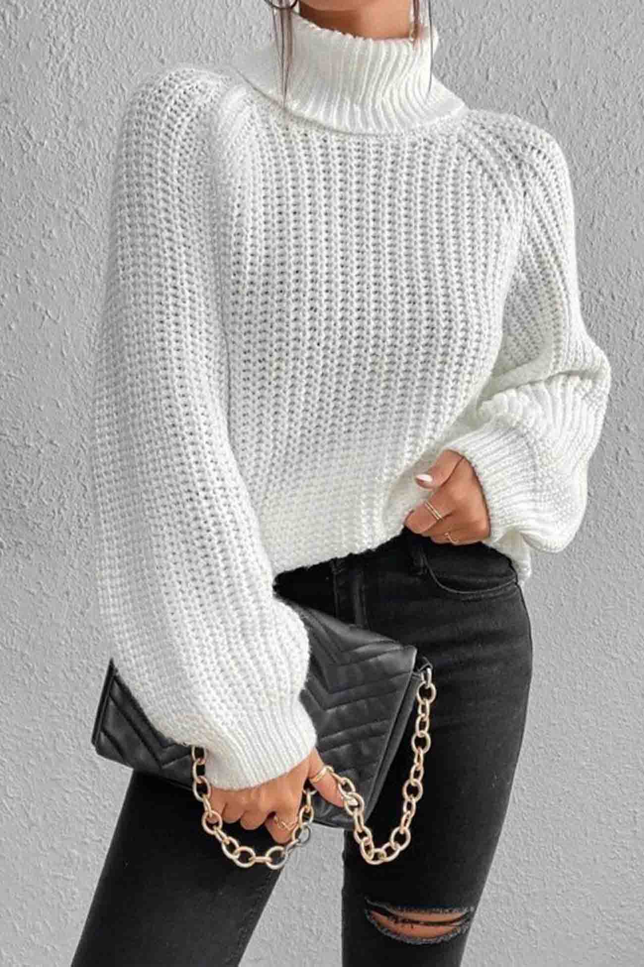 Raglan Sleeve Turtleneck Slit Mid-Length Sweater